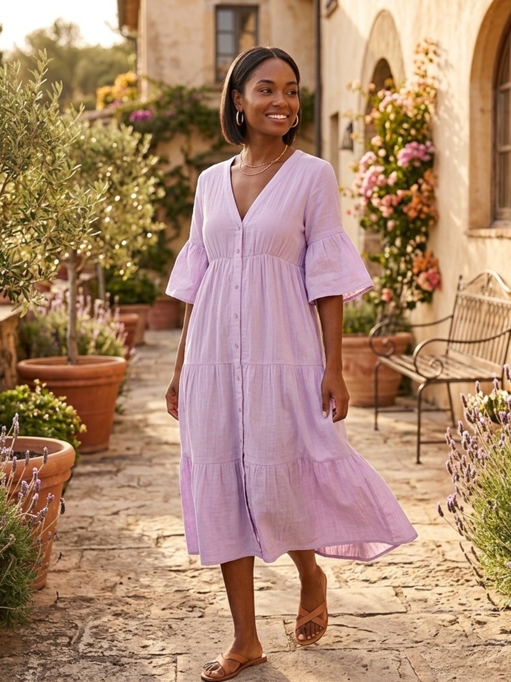 NWT Pact Organic Coastal Lavender Haze Button-Front Tiered Midi Dress XS